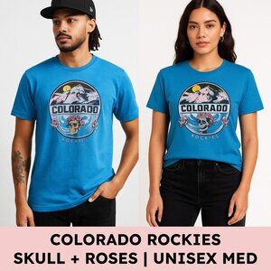District V.I.T. Colorado Rockies Graphic Tee Skull & Roses Aqua Blue M